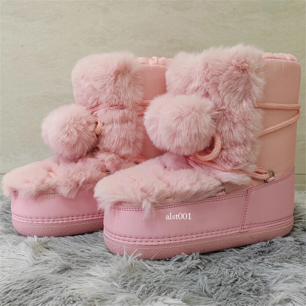 Winter Boots for Womens Rabbit Fur Snow BootsWarmPlatform Lace-up Fluffy Furry