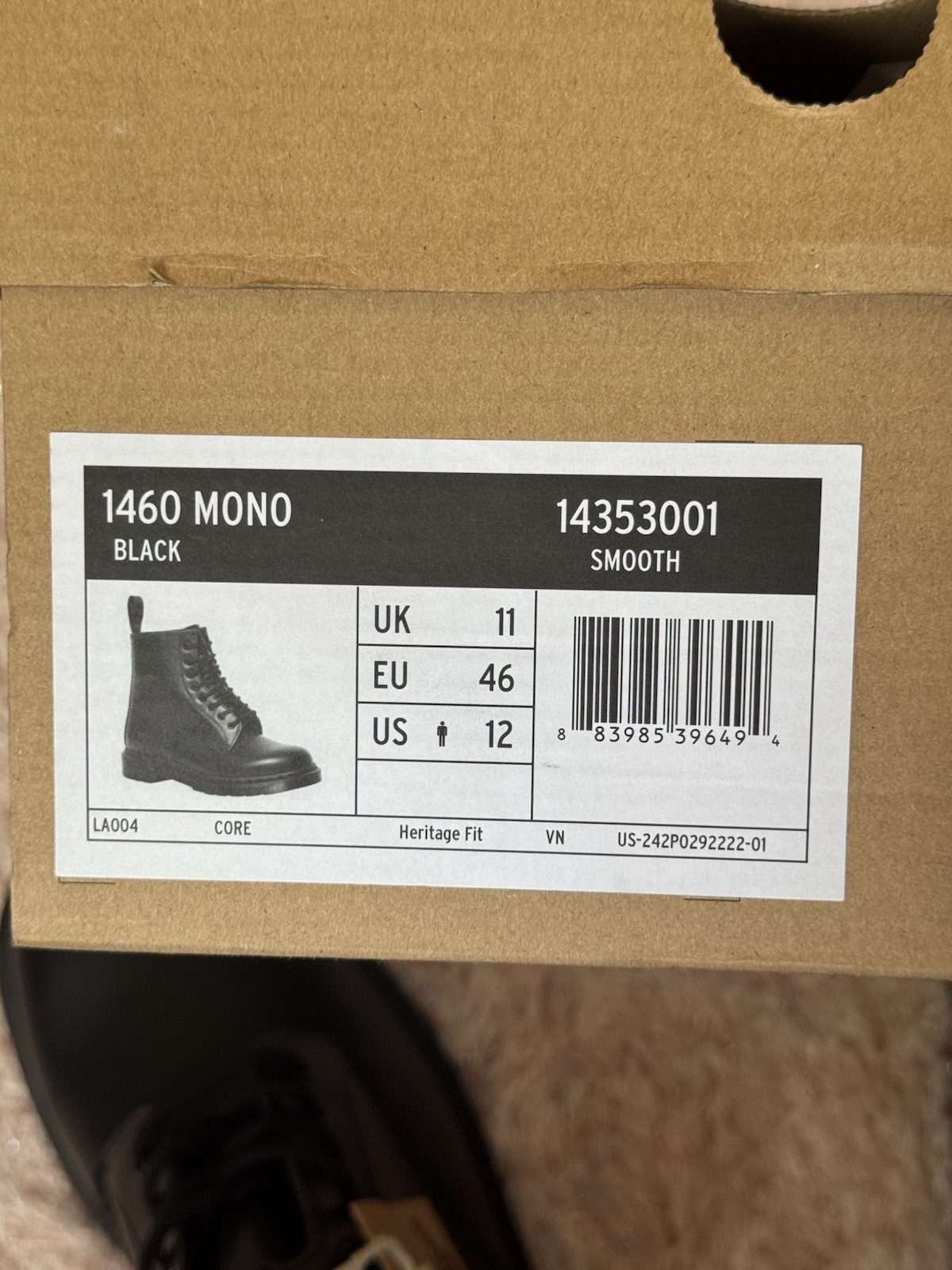 Dr. Air Wait Martens 1460 Mono Black Leather Boots Size 12