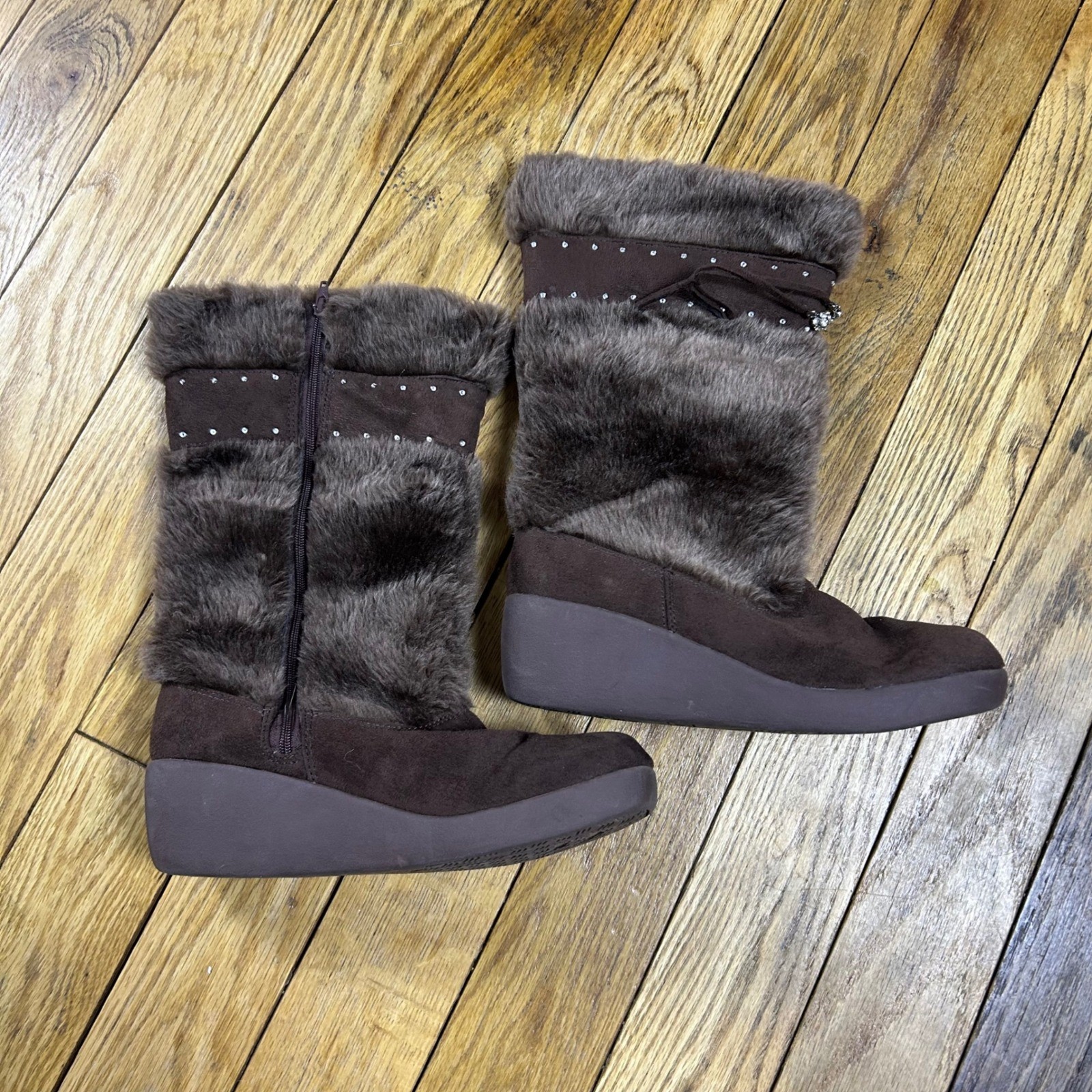 Y2K Limited Too Brown Faux Fur Wedge Boots Rhinestone Zip Up Size Unknown