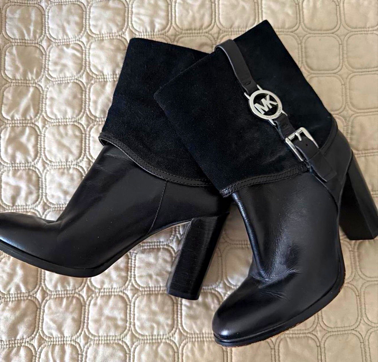 Michael Kors Black Leather Suede Ankle Boots Zip Buckle Strap MK Logo 7.5