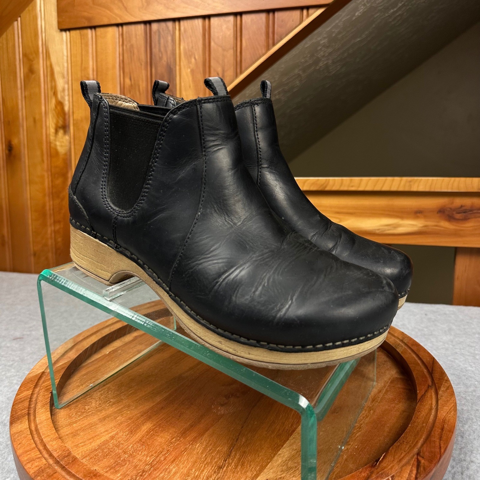 Dansko Black Leather Chelsea Ankle Boots Wood Grain Platform Wedge Womens 38