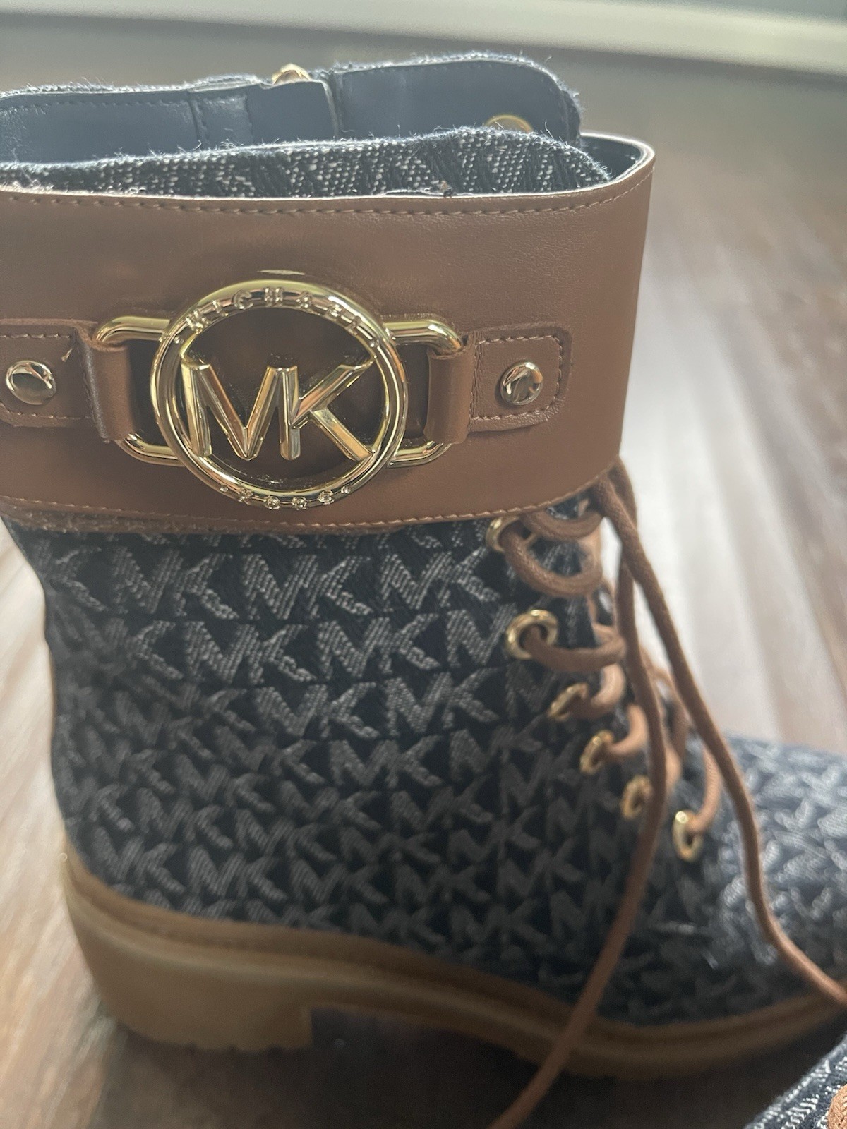 Michael Kors Rory Denim Combat Boots monogram W/brown leather straps Size 8.5