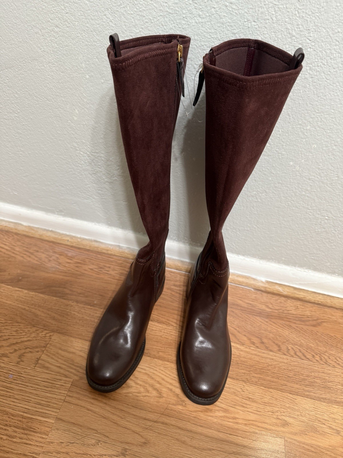 Women’s Brown Knee High Riding Boots Leather Round Toe Buckle Zip Rubber Sole
