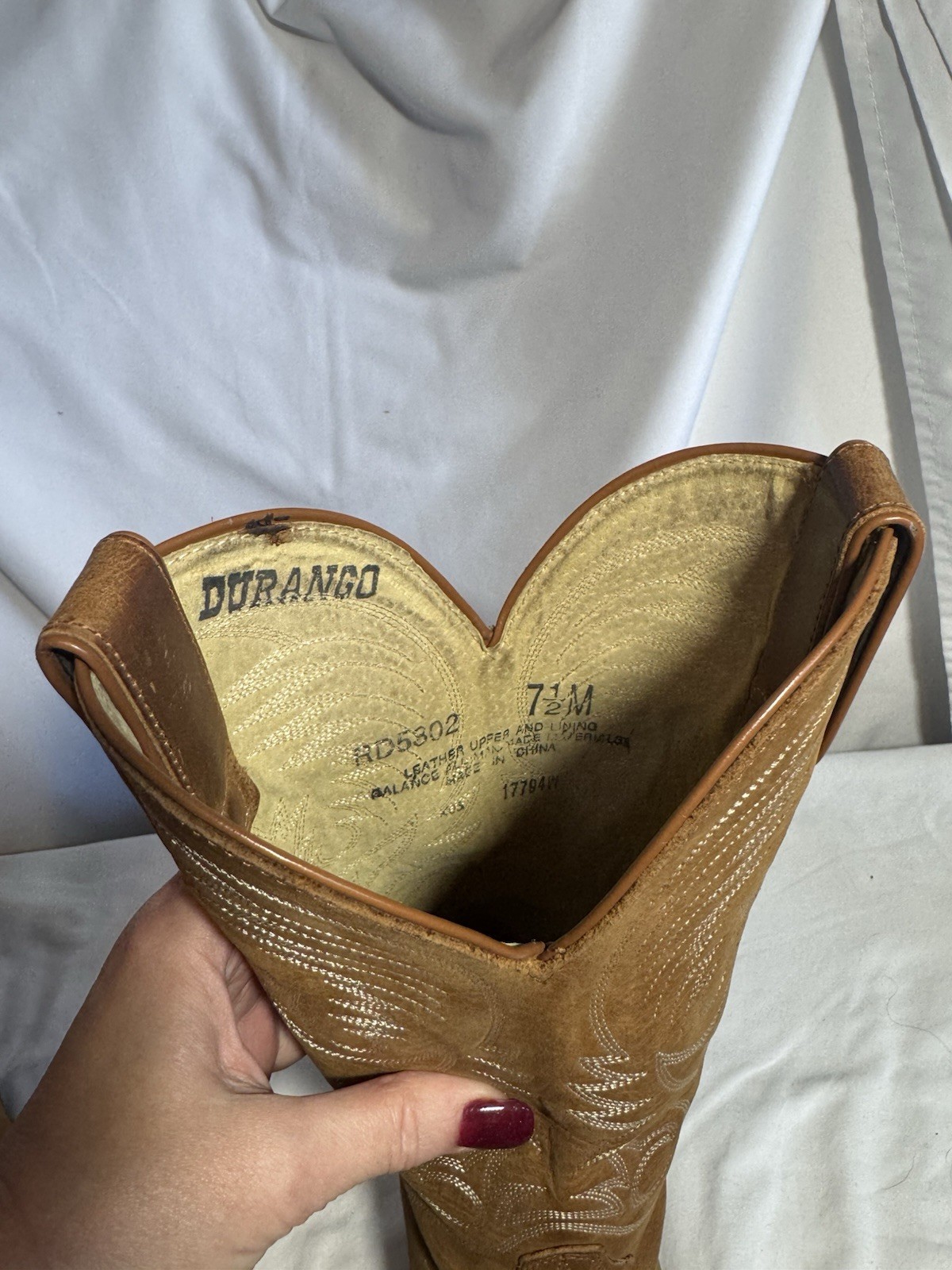 Durango Cowgirl Cowboy Boots Size 7 1/2 Tan Leather White Embroidery Western