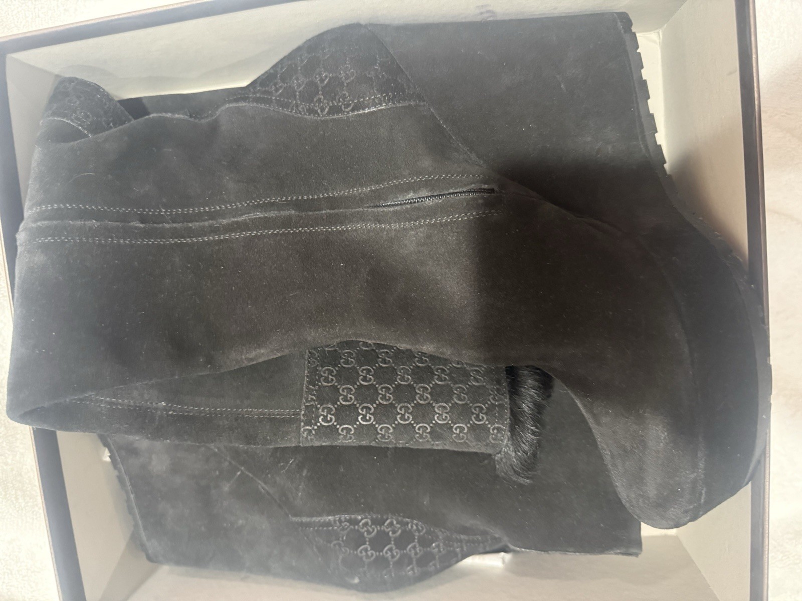 Gucci Black Suede Fur Trim Logo Knee High Wedge Zip Lined Shearling Boots