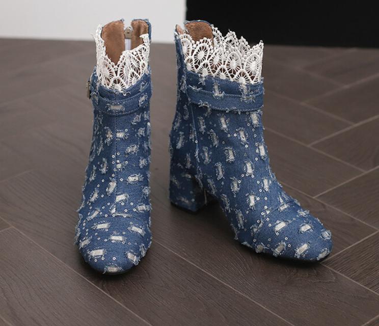 Lace Women’s Denim Ankle Boots Block Heel Shoes Round Toe Back Zip Formal Retro