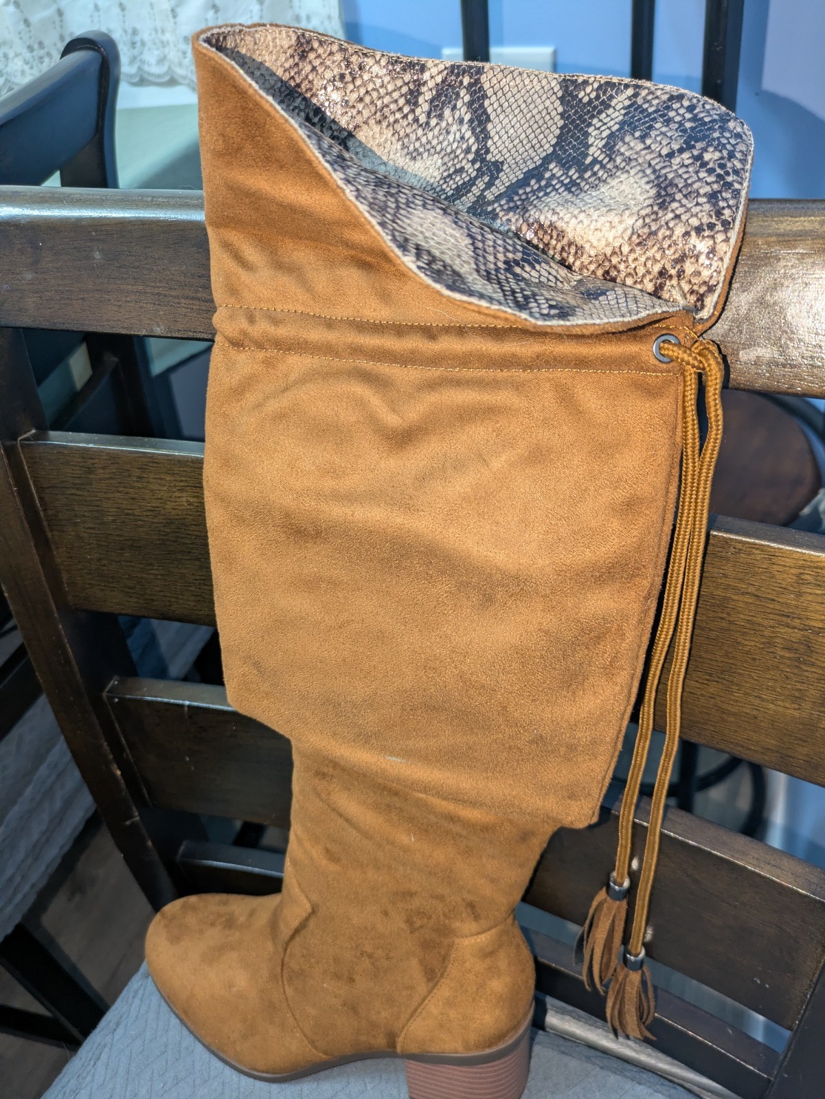 Trary Over Knee Boots Fold Over Snakeskin Top New In Box Brown Suede Size 7