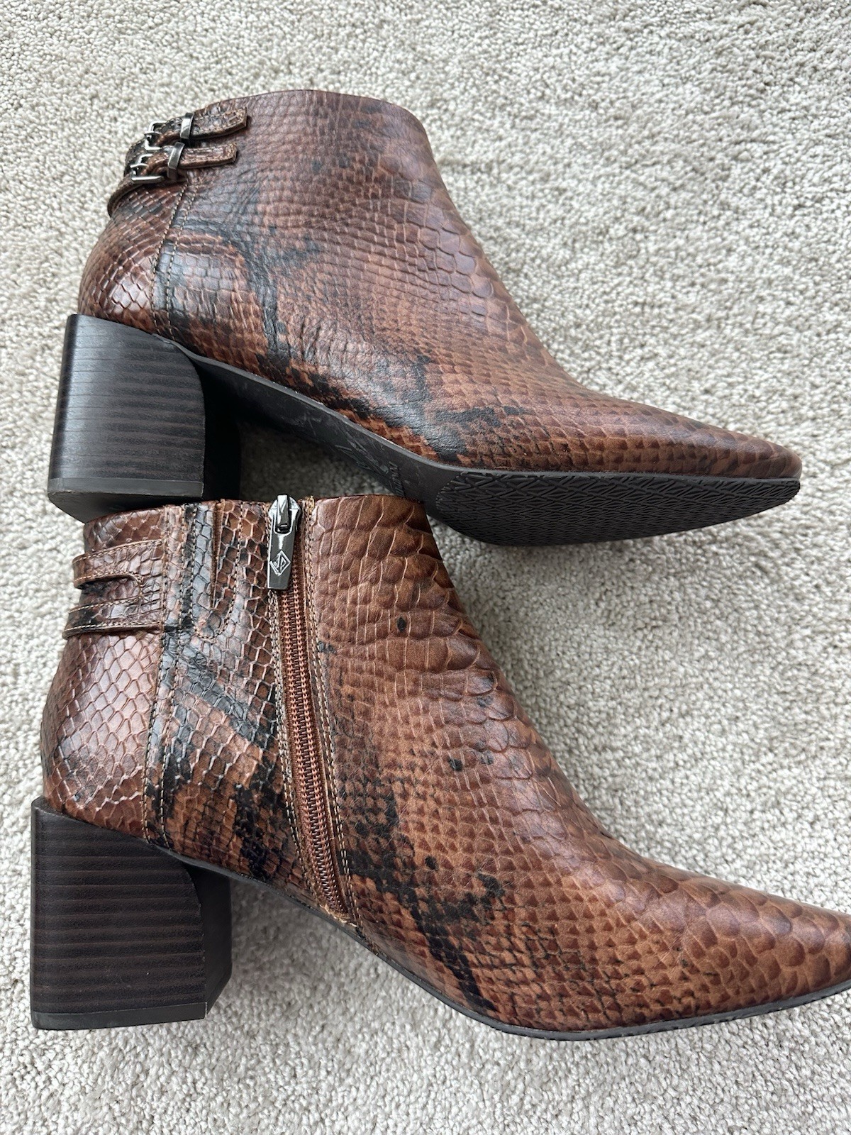 Donald Pliner Alek Faux Snake Embossed Leather Ankle Heel Booties Boots Brown