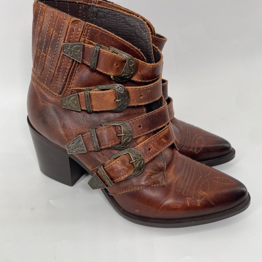 Steve Madden Boots Women 7.5 Brown Leather Prairie Western Steampunk Buckle Y2K