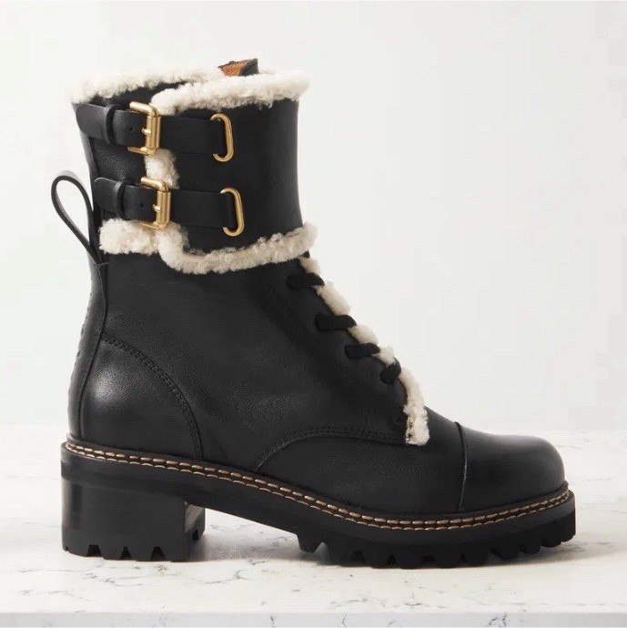 See by Chloé Black Leather Shearling Trim Lined Lace-Up Buckle Combat EU 37