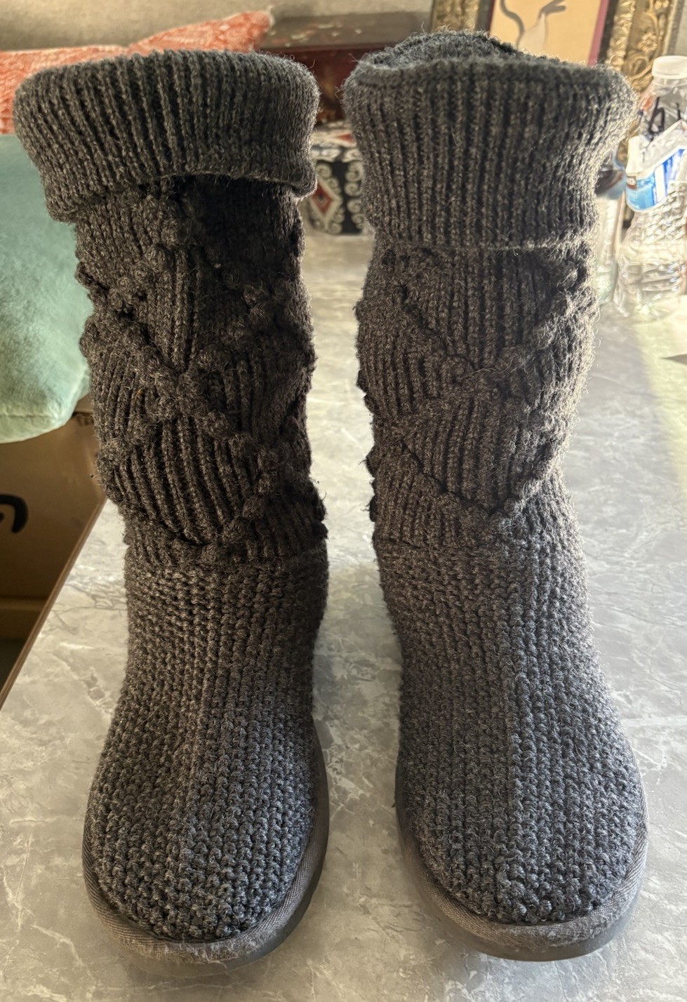 Ugg Argyle Boots Pull On Grey Cable Knit Sweater Size 6.5