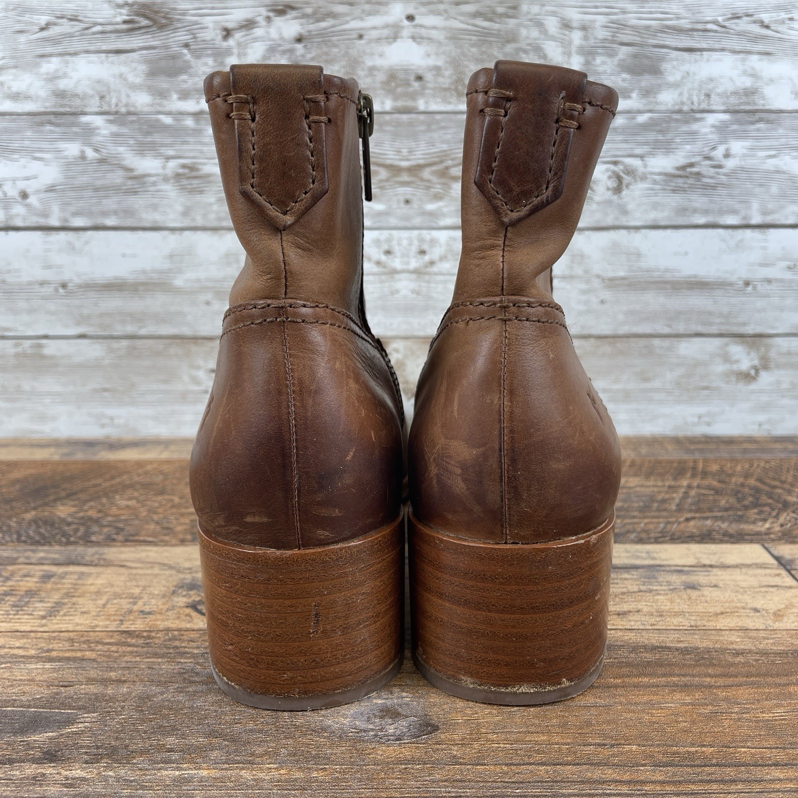 Frye Claire Boots Cognac Brown Leather Booties Western Boot Shoes Sz 8 Side Zip