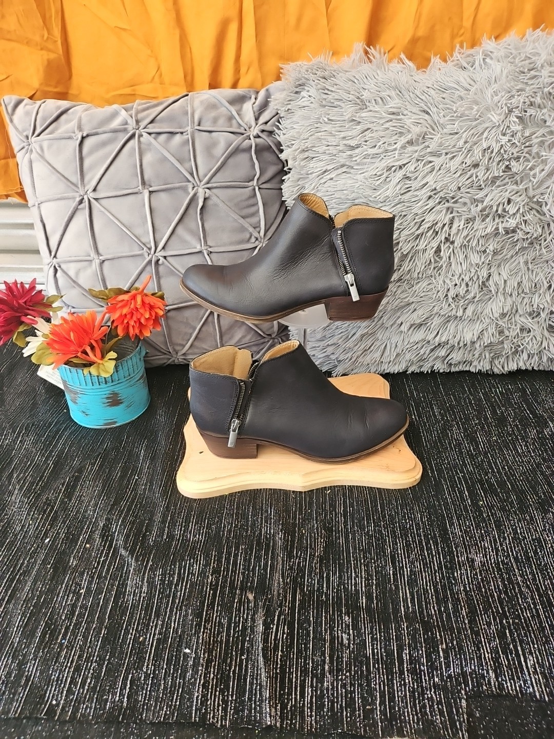 Lucky Brand Sz 7.5 Blandre Booties Black Leather Basic Ankle Boots Western Heels