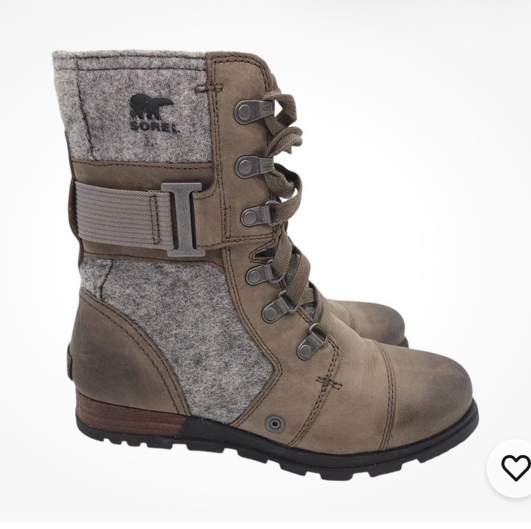 Sorel Women’s Mid-Calf Lace-Up Combat Boots Brown/Gray Leather Felt Lined 8.5