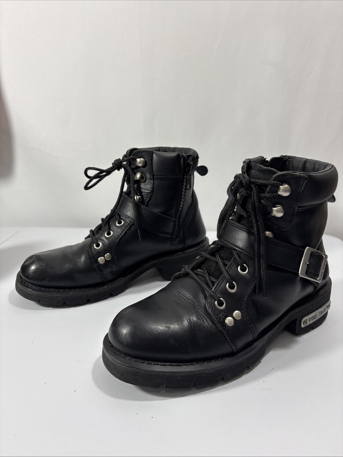 Ride Tecs Women’s 8M Black Leather Biker Boots Side Zip Buckle 8143 Size