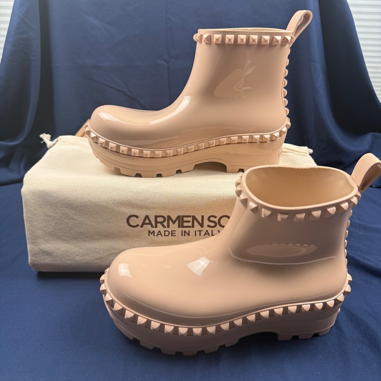 Carmen Sol Graziano Blush Tan Studded Jelly Rain Boots Made in Italy US 11 EU 41