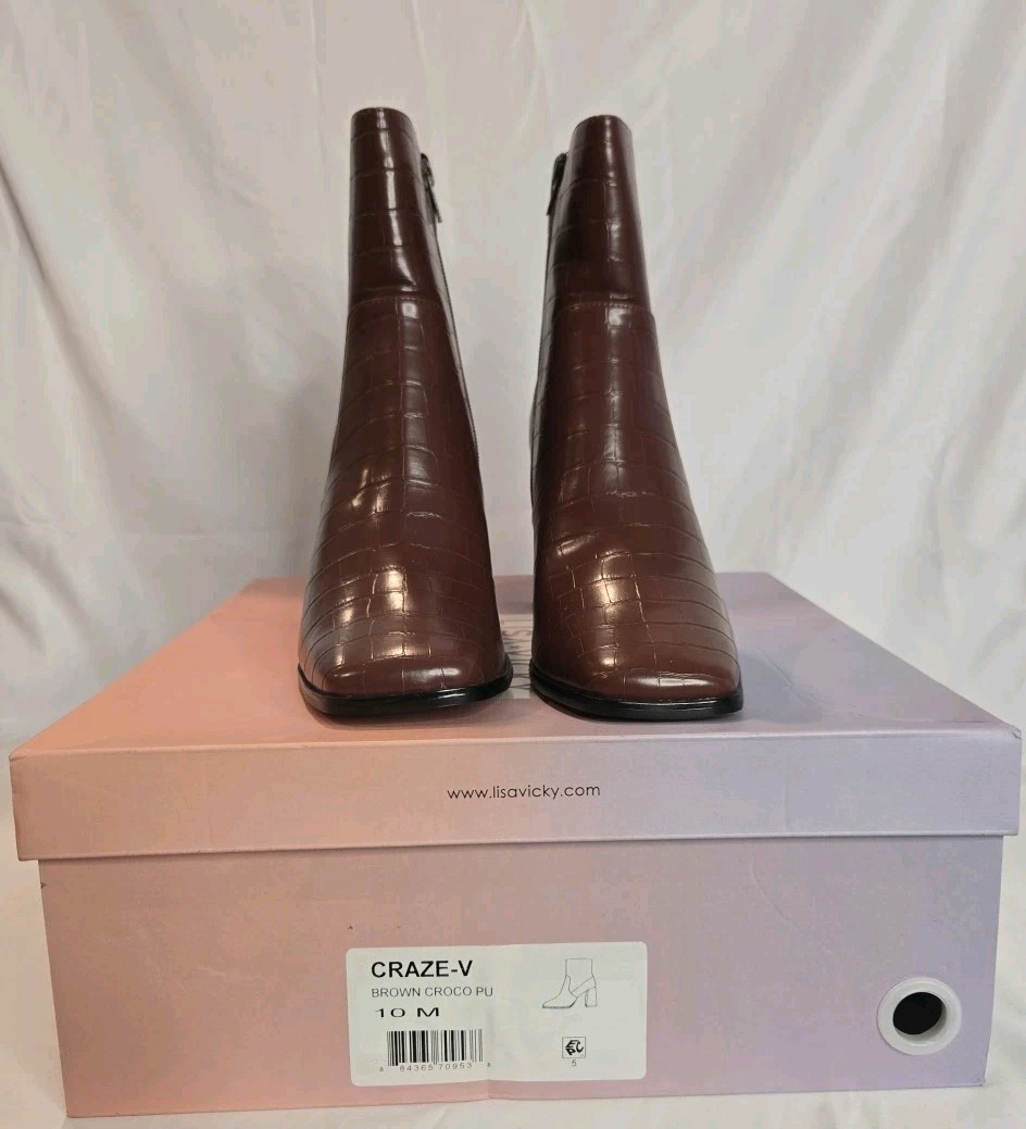 Lisa Vicky Women’s Craze-V Size 10M Brown Faux-Croc PU Ankle Boots