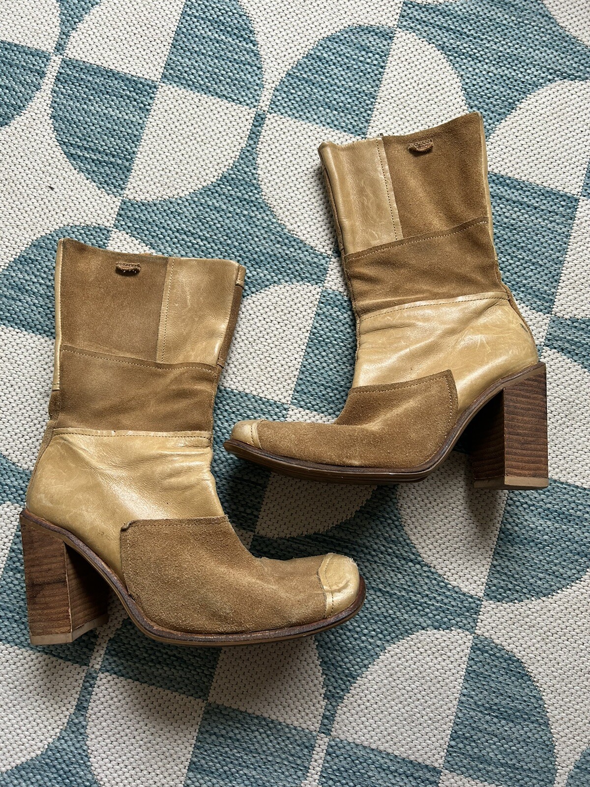 DESTROY Vintage 90s Y2K Patchwork Platform Chunky Tan Boots Women’s Full Zip
