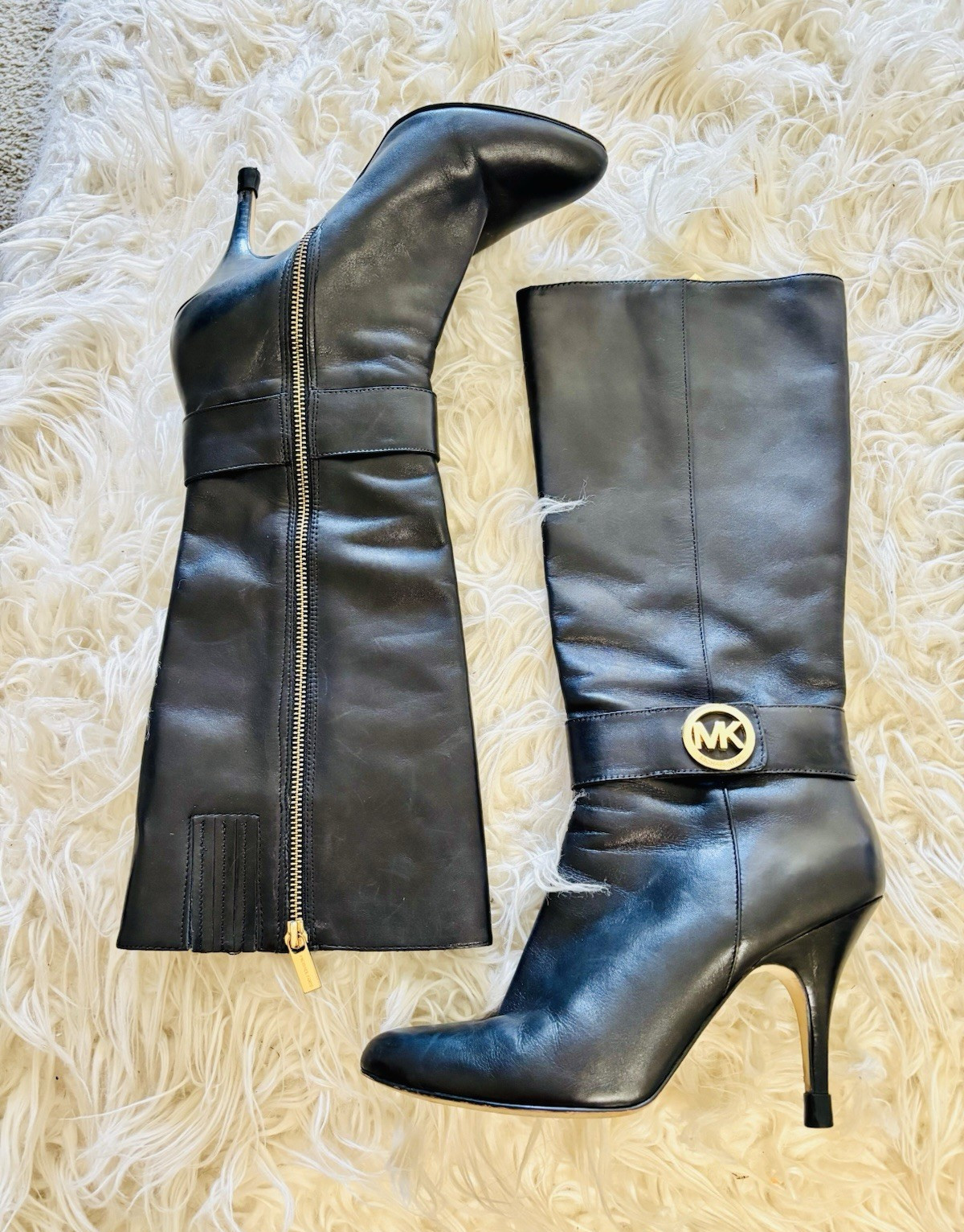 Michael Kors Black Leather Knee High Boots, Pointed Toe, Zip Logo, US 9.5 M