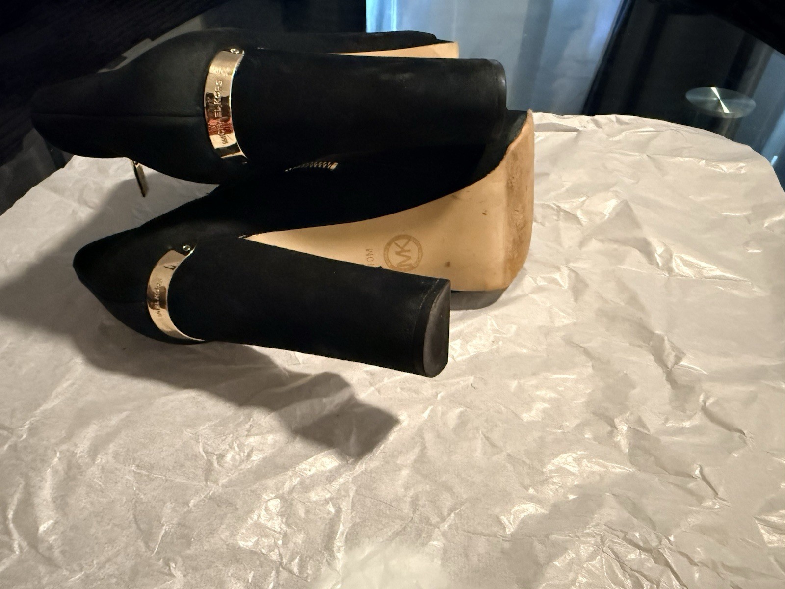 Michael Kors Black Suede Ankle Booties Gold Zip Block Heel Women’s Size 10M