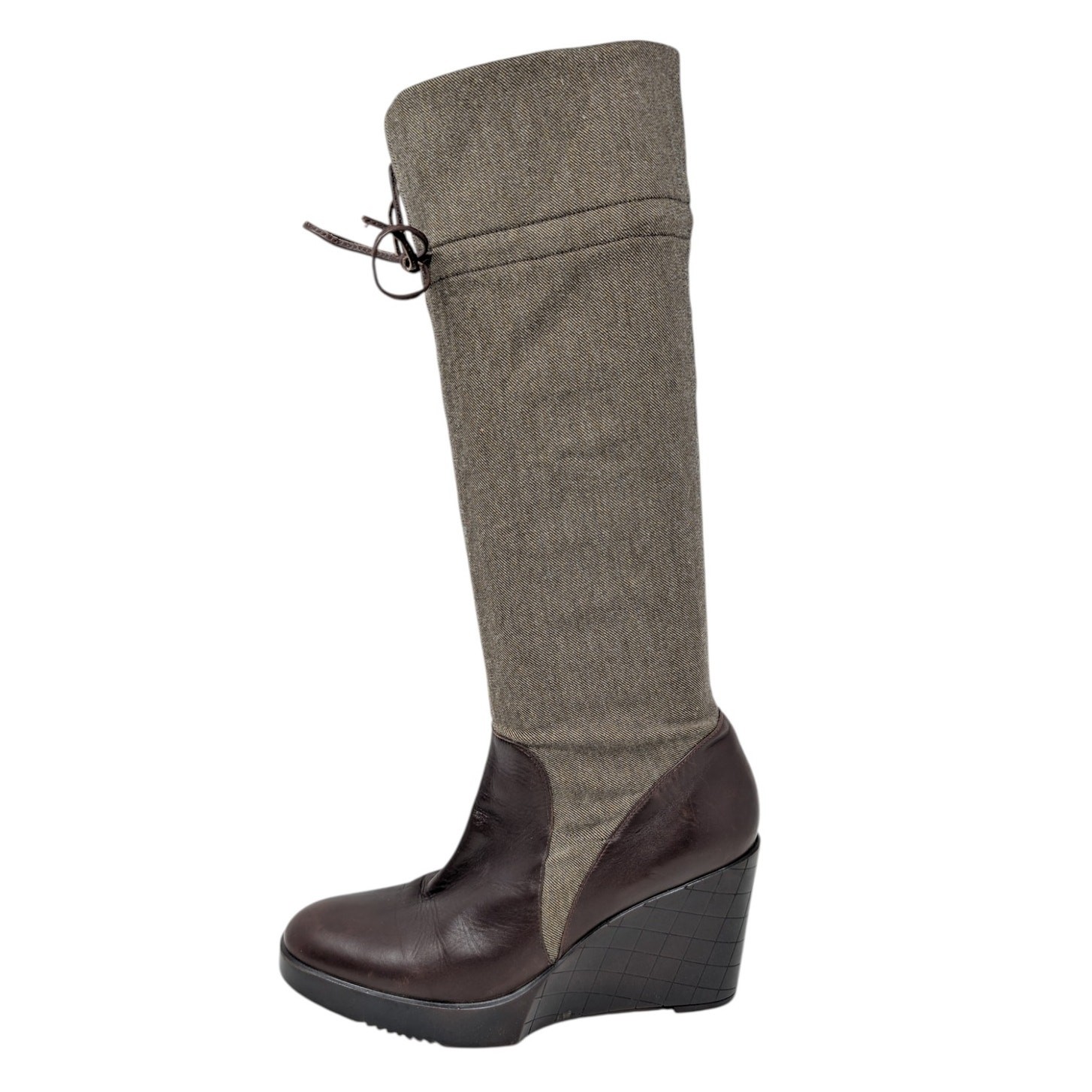 Vintage Robert Clergerie Knee High Platform Wedge Boots Brown Leather Wool 8.5