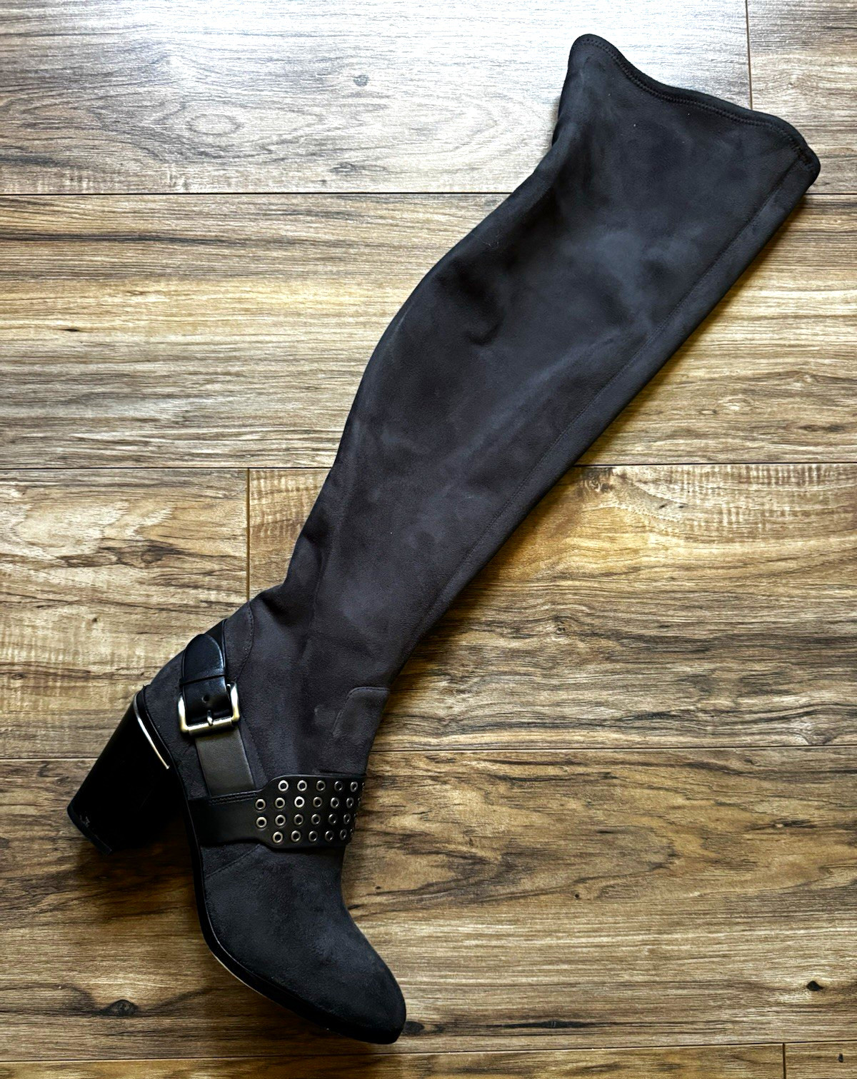 Michael Kors Black Suede Over-the-Knee Boots Studded Buckle Zip Pointed Toe