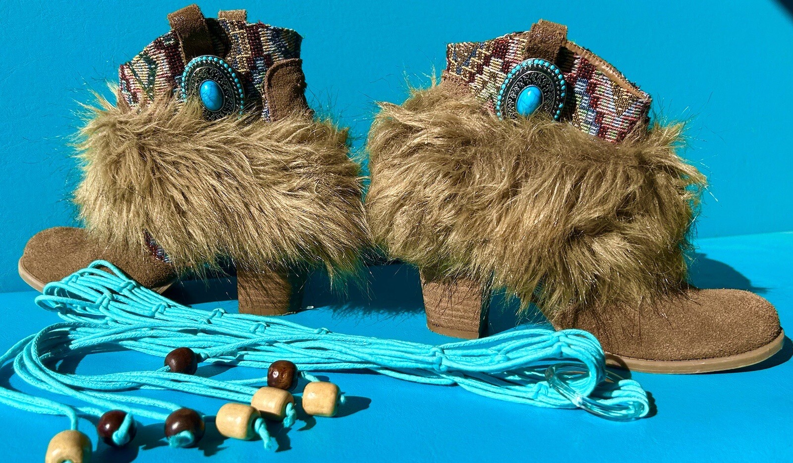 Upcycled Gypsy Boho Faux Fur Boots Size 6 Plus Macrame Beaded Hippie Belt