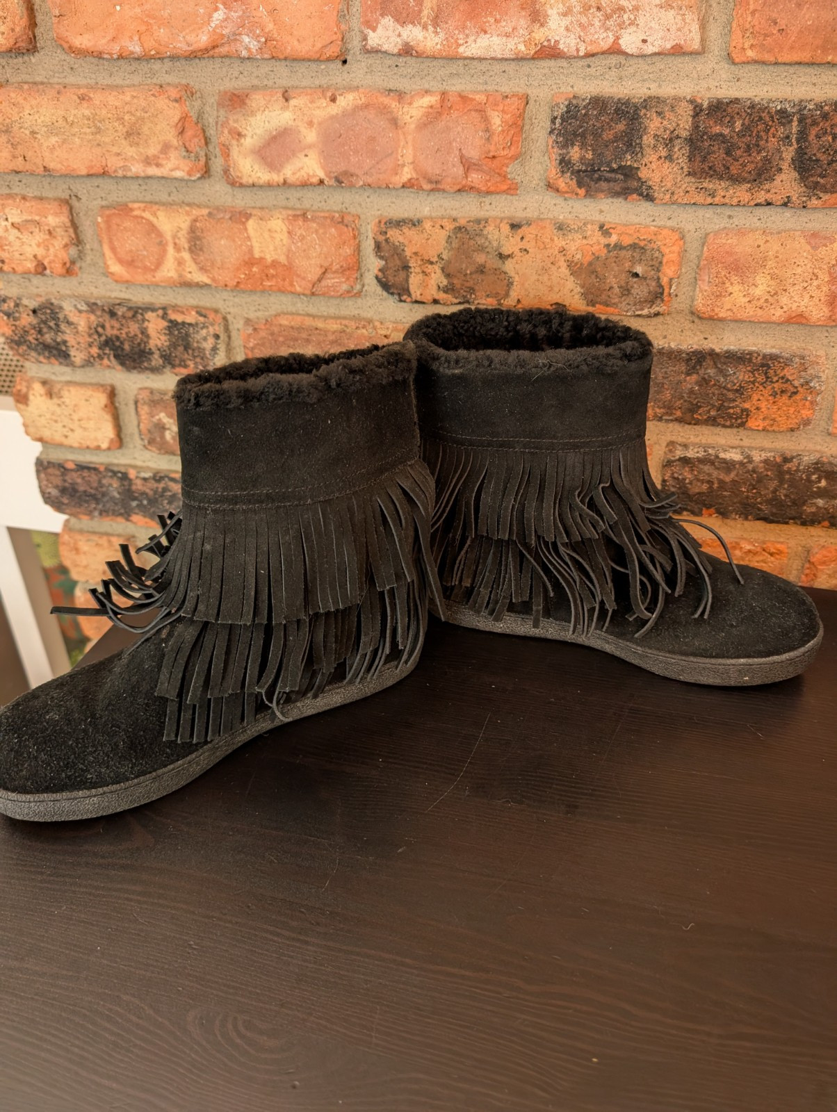 Tory Burch Boots Collins Leather Fringe Sherpa Fur Lined Ankle Logo Women’s Sz 7