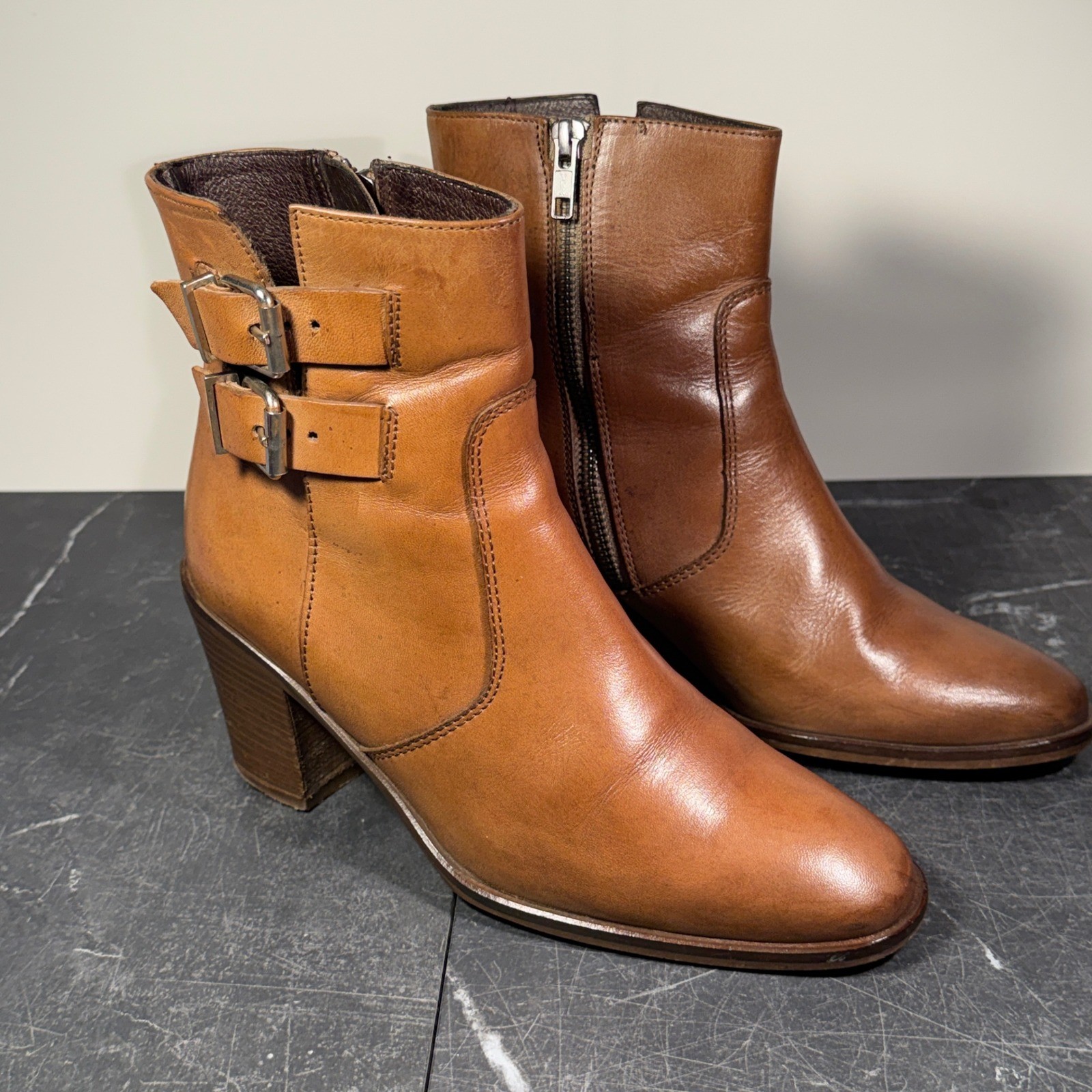 Women J.Crew Ankle Boots | Size 7.5 | Brown Leather Buckle Block Heel 07045