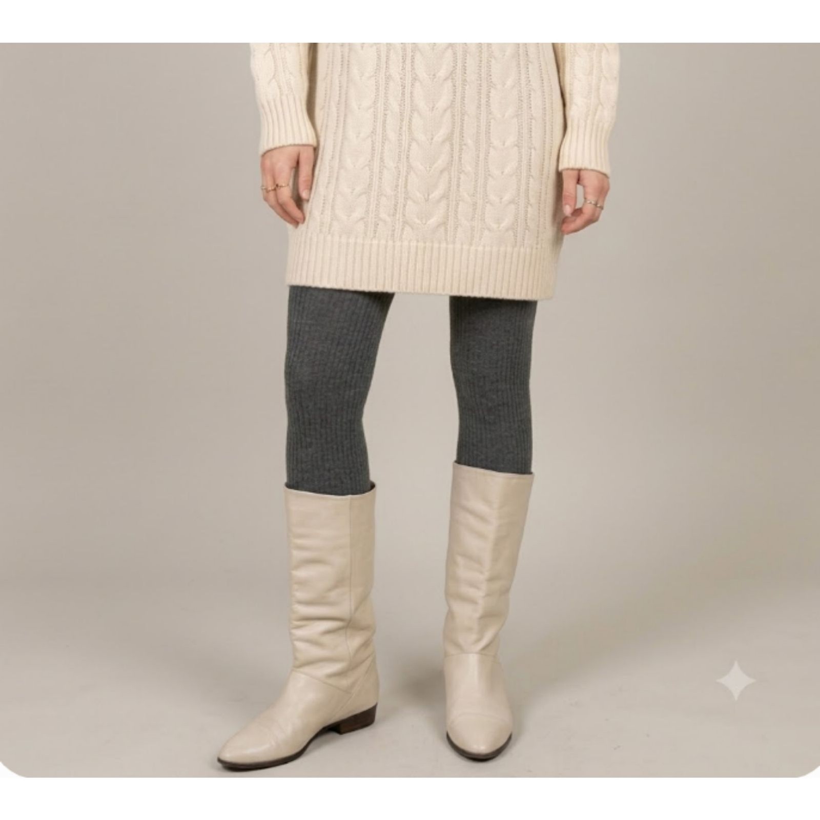 Vintage 80s Cream Leather Slouch Pointed Toe Mid Calf Flat Boots Sz 9M