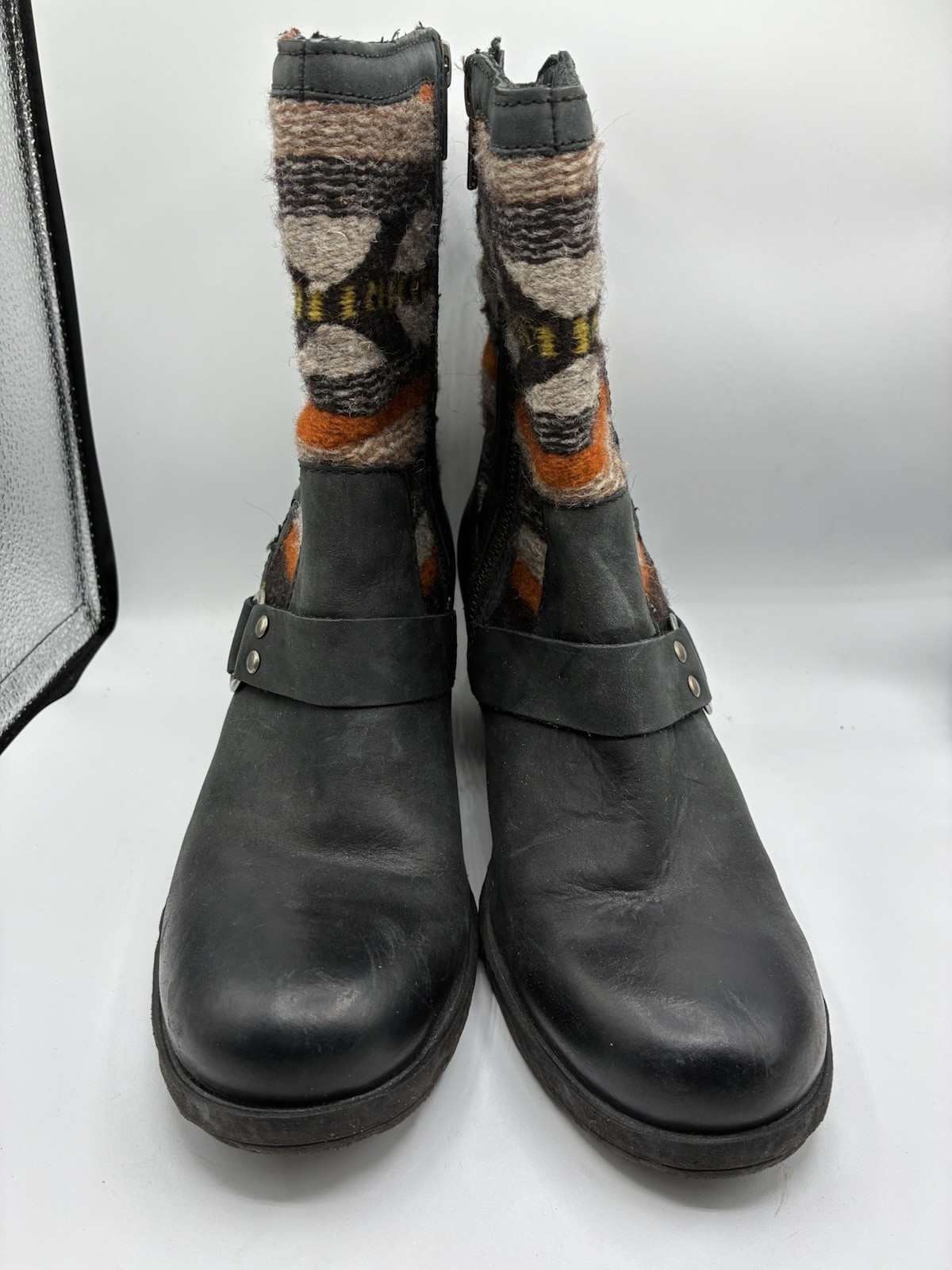 Børn Western Mid-Calf Boots Black Leather Fabric Geometric Pattern Buckle Zip 8