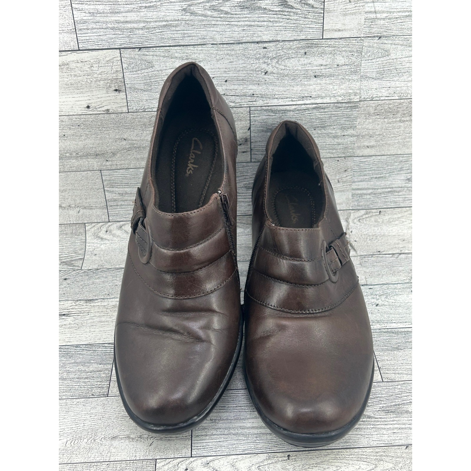 Clarks Brown Leather Ankle Booties Pleated Buckle Side Zip Block Heel Women 10M