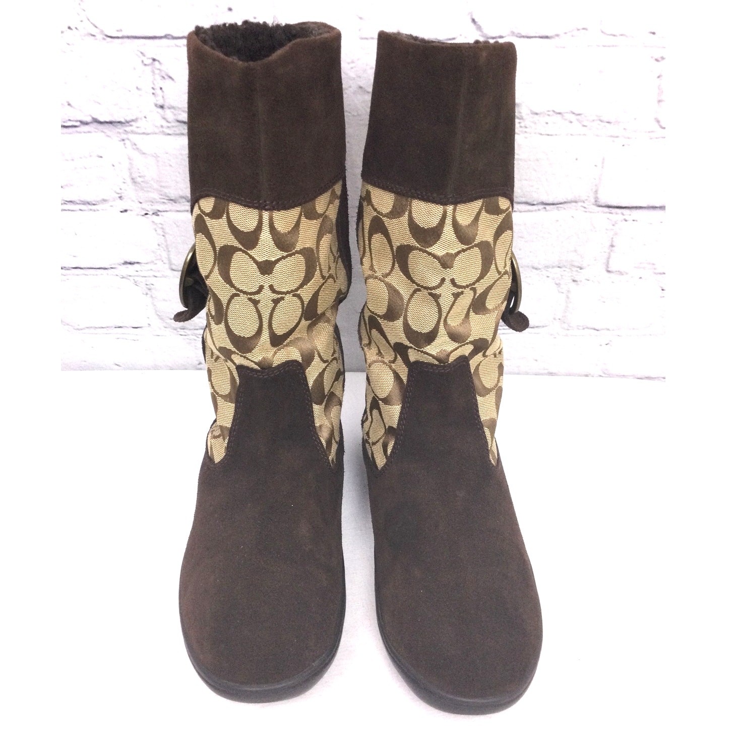 COACH Meyer Signature C Logo Canvas Suede Pull On Lined Winter Flat Boot Size 8B