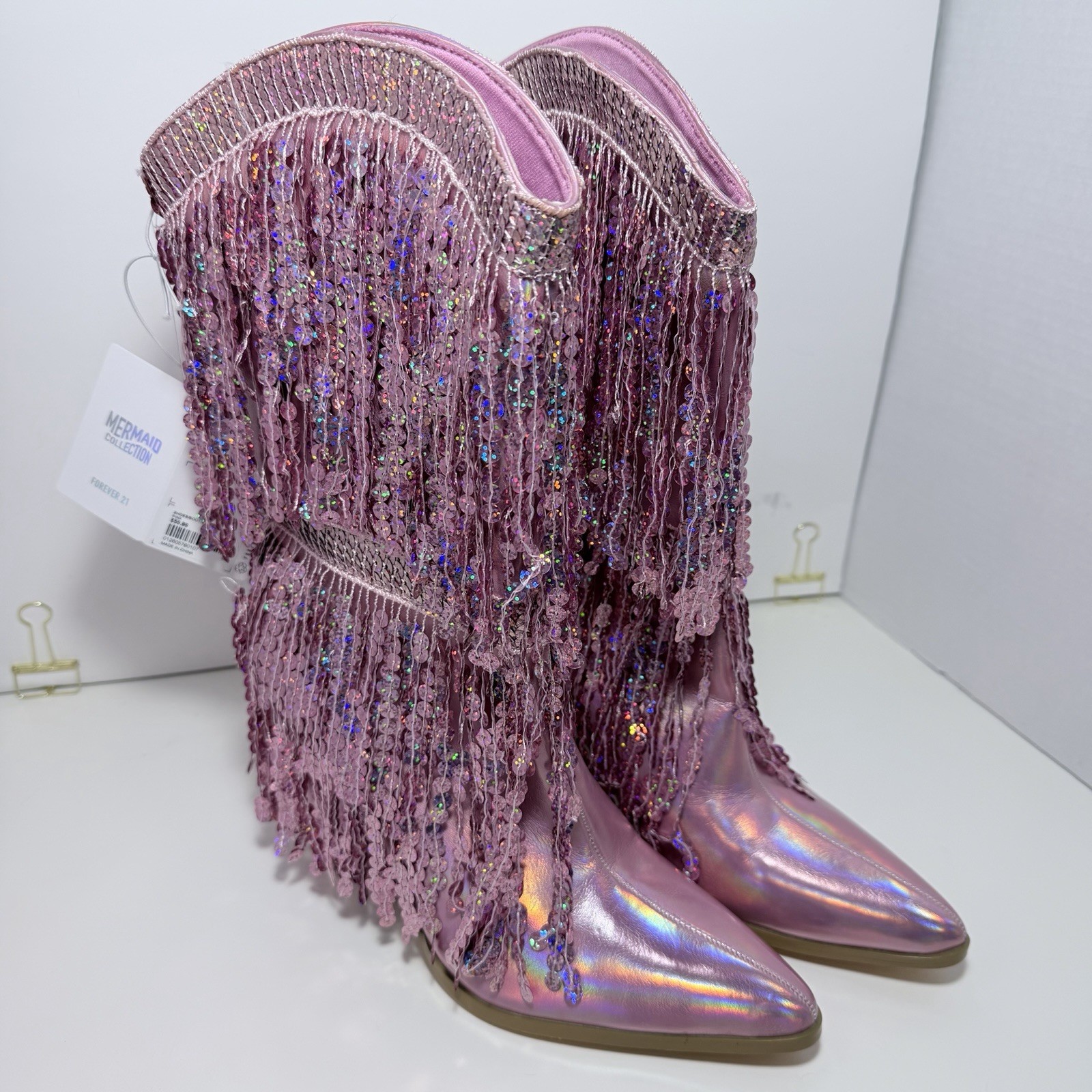 Women’s Forever 21 Pink Sequin Fringe Cowboy Boots with Heels Size 8