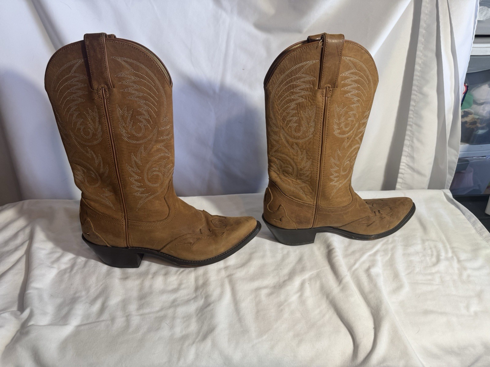 Durango Cowgirl Cowboy Boots Size 7 1/2 Tan Leather White Embroidery Western