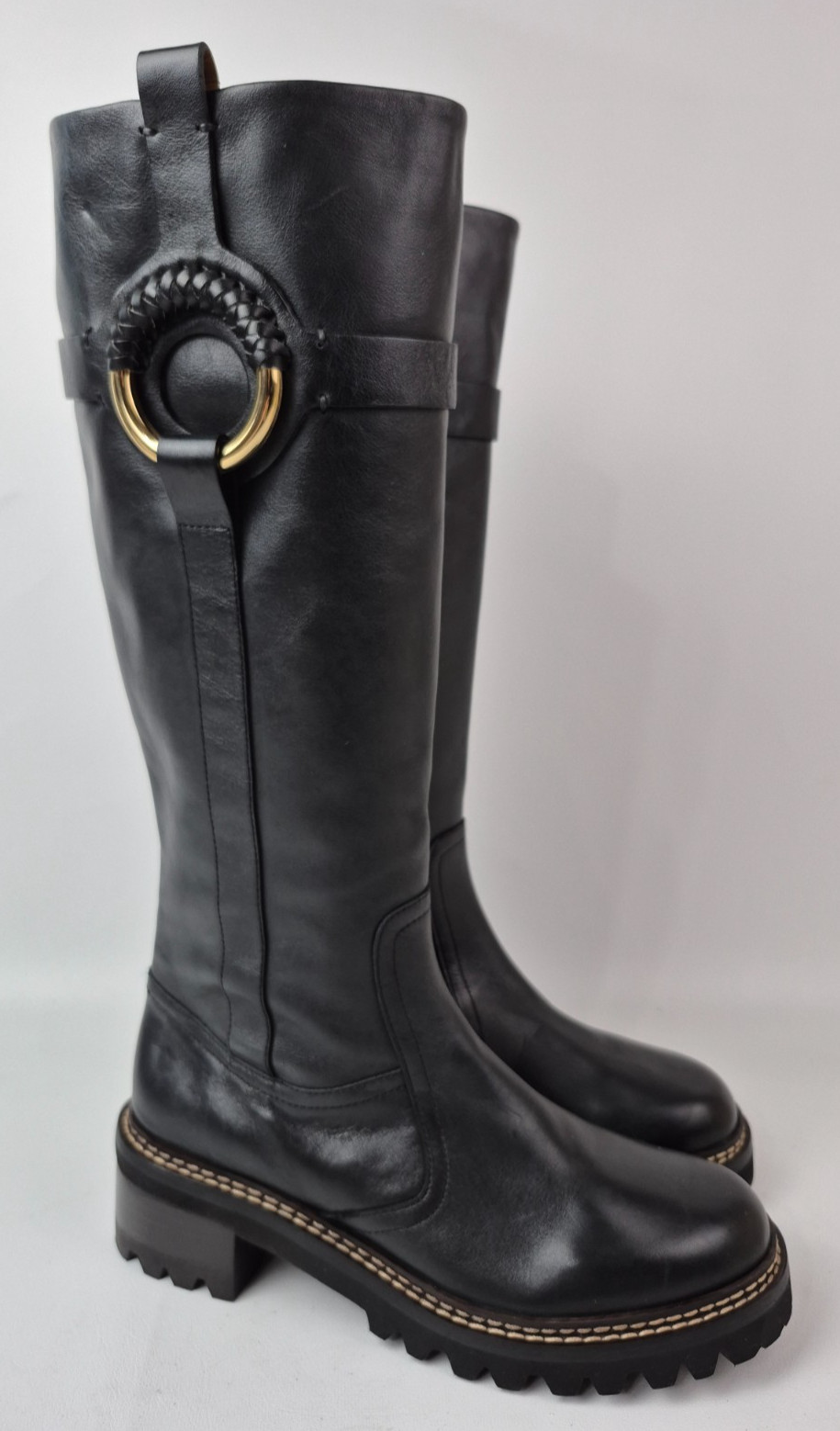 See by Chloé Women’s Black Hana Knee High Boots Lug Sole Size 38 EU Chloe
