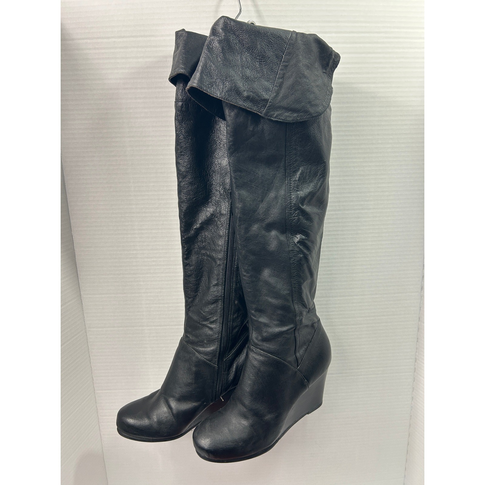 Chinese Laundry Solid Over The Knee Boots 6.5 Black Leather Wedge Grunge Chic
