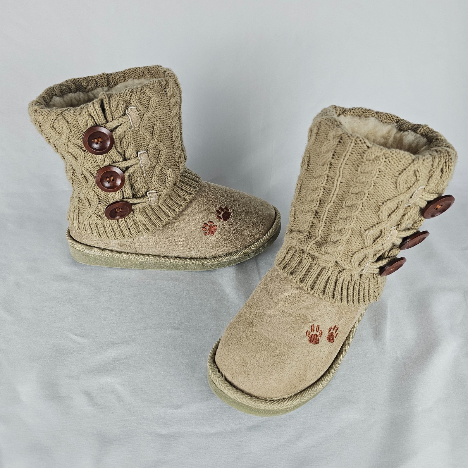 Animal Rescue Site Womens Paw Print Cable Knit Boots Faux Fur Suede Slipper Sz 8