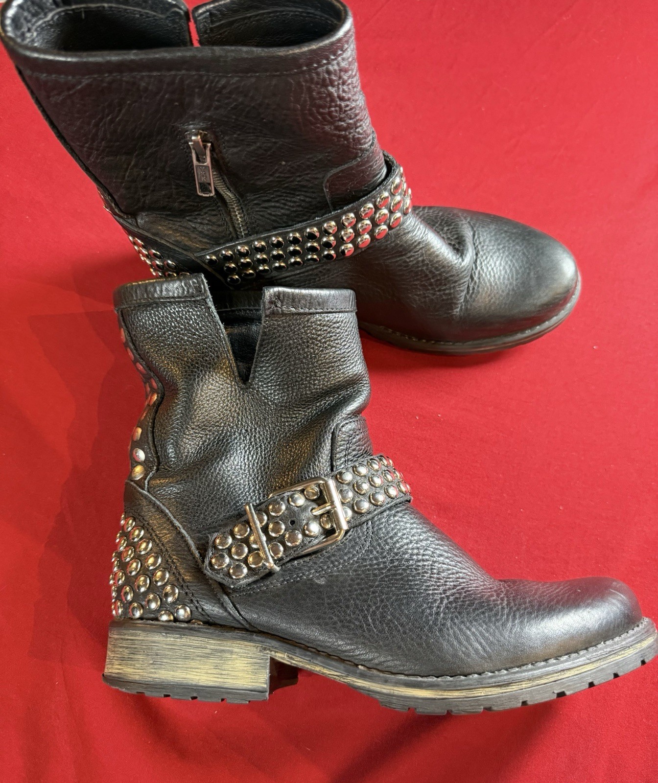 Steve Madden Black Leather Studded Moto Biker Boots Women’s Size 9 Zip