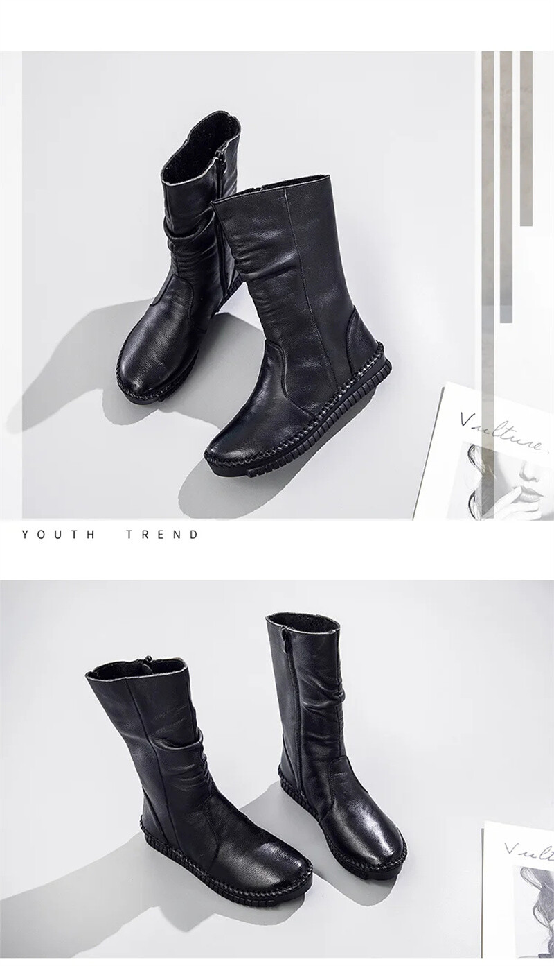 Women Boots Autumn Leather Retro Mid-Calf Boots Flat Shoes Real Leather Boots