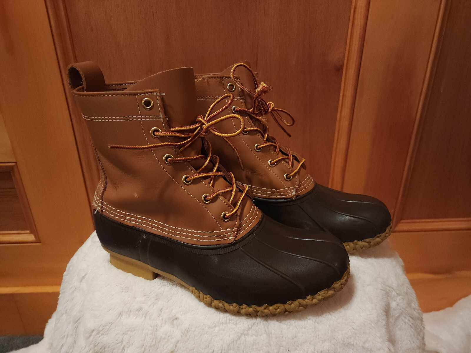 Womens LL BEAN Boots 8″ THINSULATE Snow Rain Duck Tan/Brown Rubber/Leather 8W