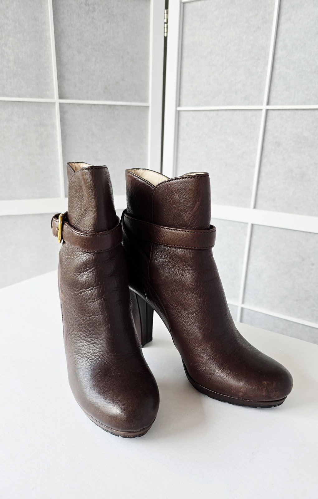 Prada Womens Ankle Boots Leather Dark Brown Size 38.5 Block Heel Excellent Condition