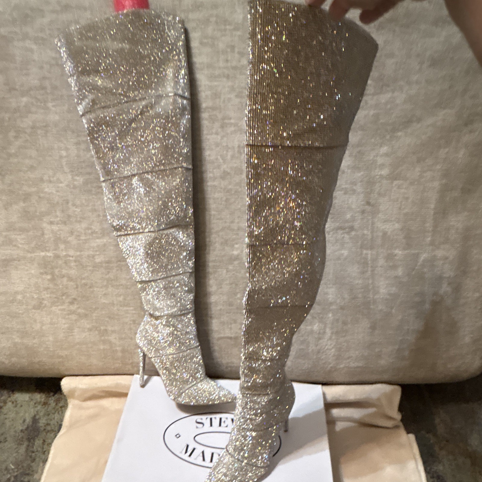 Steve Madden Wonders Silver Rhinestone Thigh High Pointed Toe Stiletto Zip 9