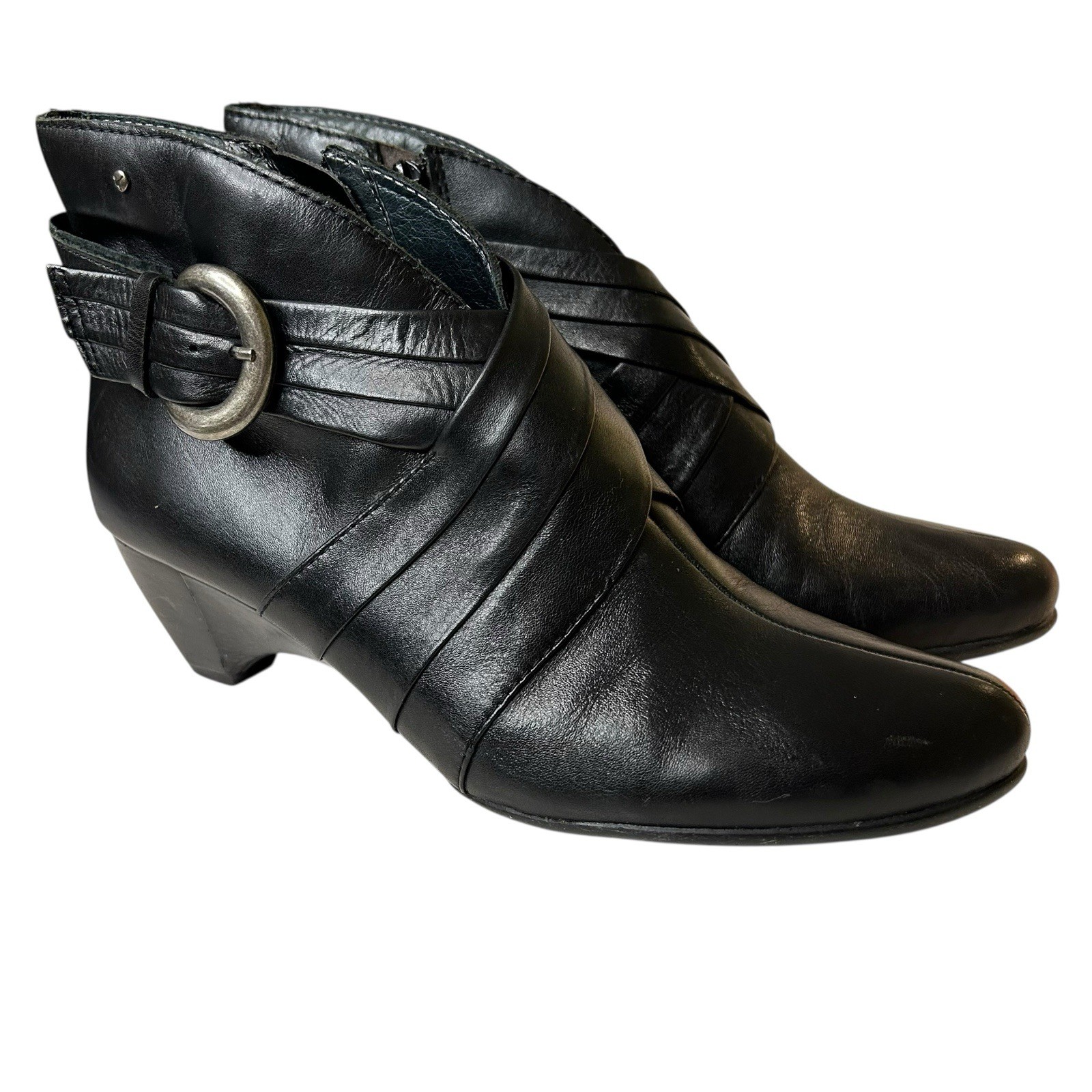 Pikolinos Black Ankle Boots Leather Side Buckle Zip Wedge Heel Sz 40 (9-9.5)