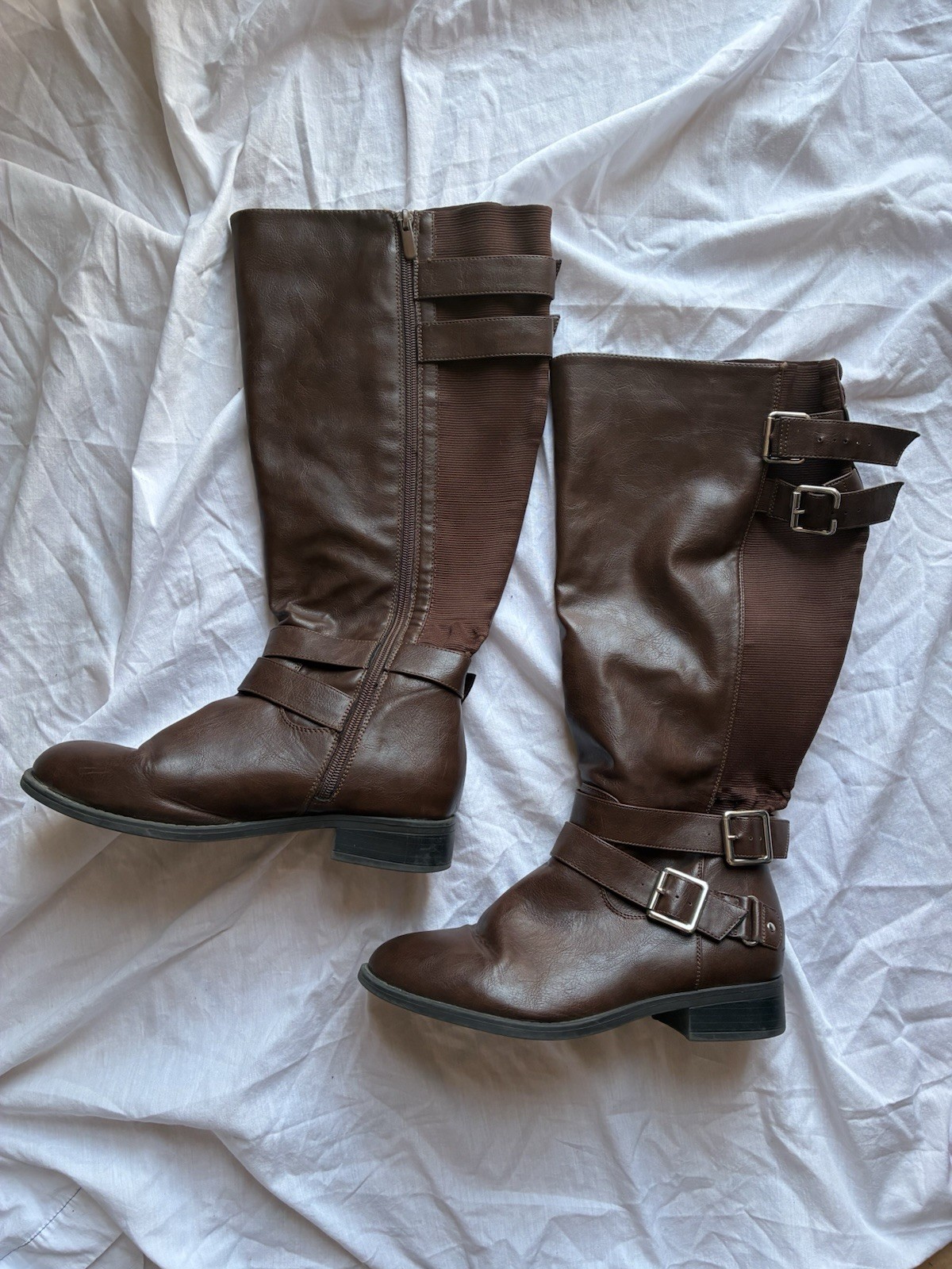 Torrid Womens Brown Leather Knee High Riding Boots Wide Calf Buckle Zip