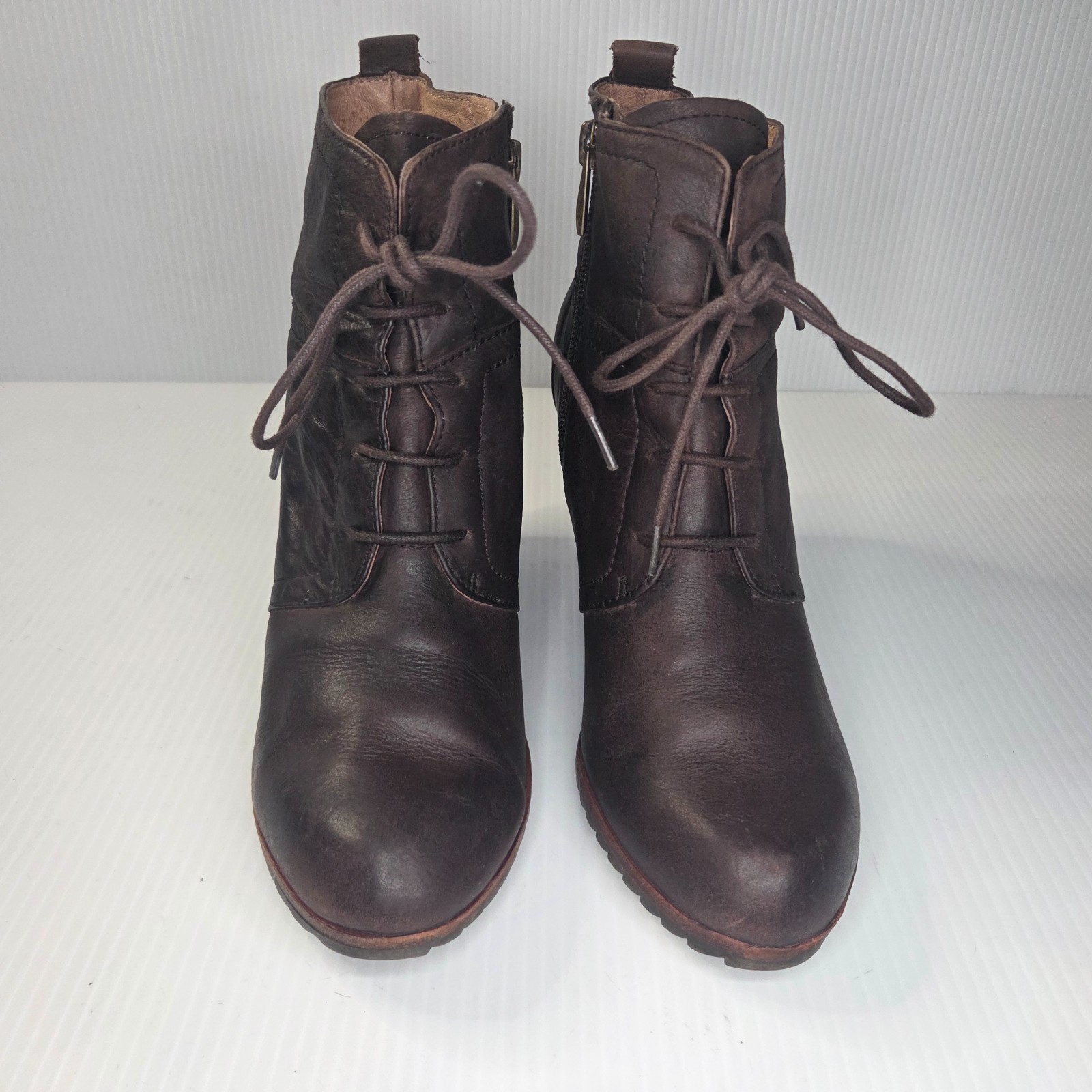 Biala Womens Brown Leather Ankle Bootie Lace Up Wedge Side Zipper 39M Euro/ 9US