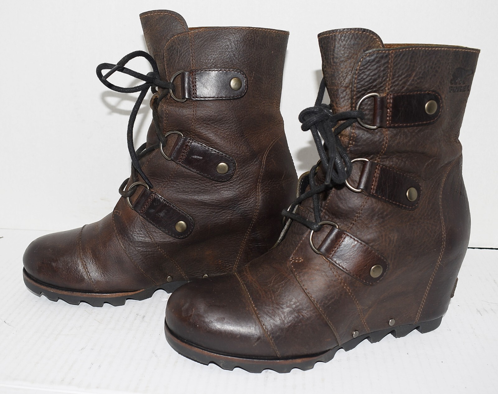 Sorel Womens Joan of Arctic Lexie Hidden Wedge Brown Leather Laced Boots Sz 7