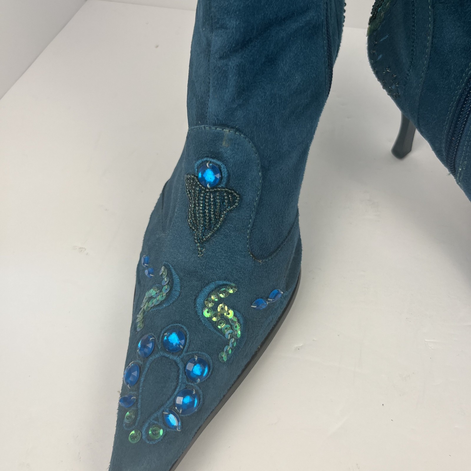 Turquoise Sequined Suede Pointed Toe Boots Size 10