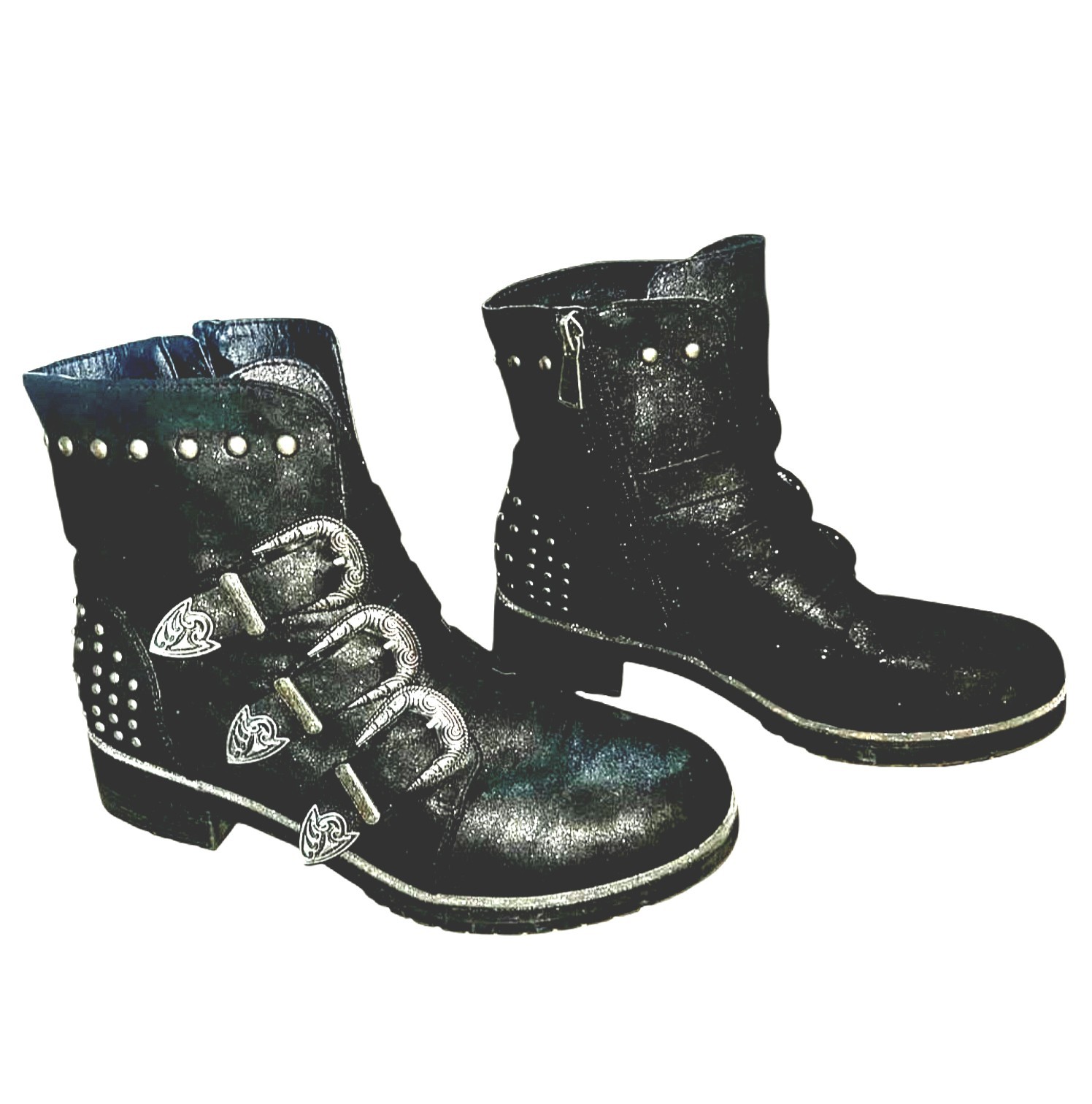 Wild Diva Black Shimmer Studded Triple Buckle Moto Biker Ankle Boots Womens 8