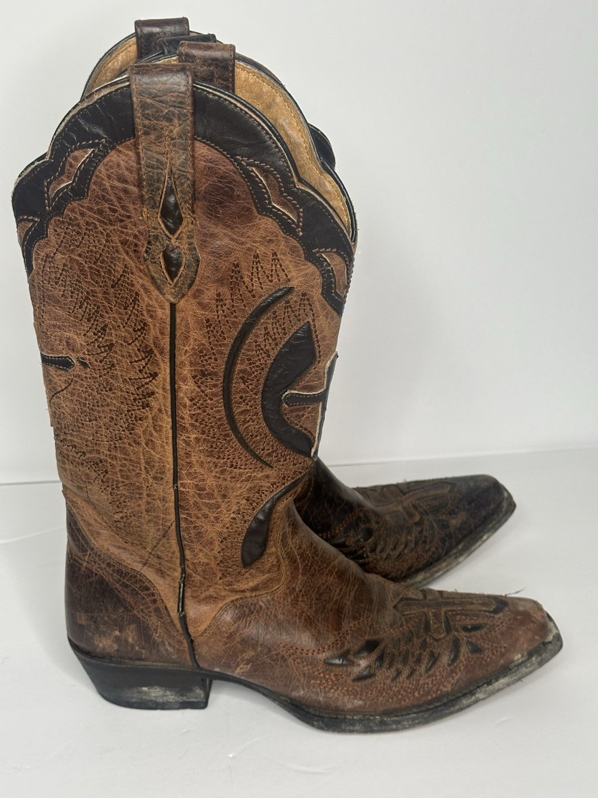 Womens J.B. Dillon Brown Leather Cross Pattern Snip Toe Cowboy Boots Size 6